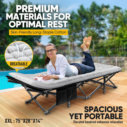 Foldable Camp Bed with 4" Mattress and Fleece Blanket