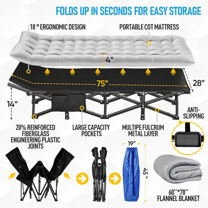 Foldable Camp Bed with 4" Mattress and Fleece Blanket