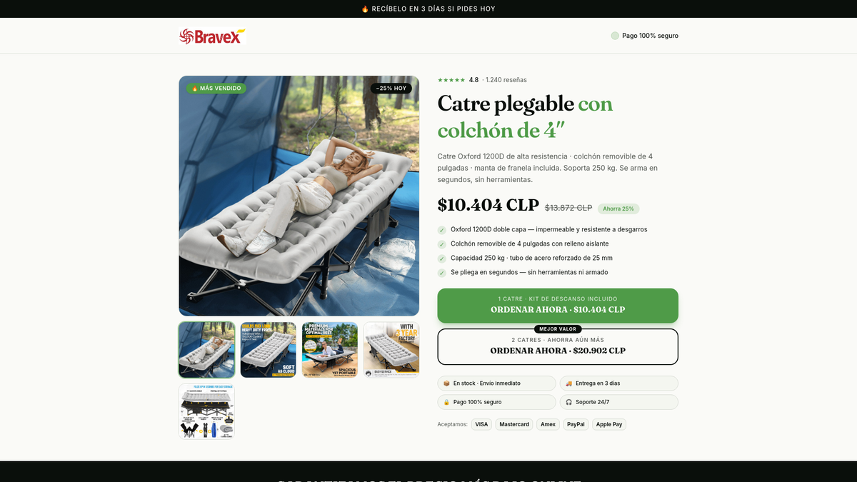 Foldable Camp Bed with 4